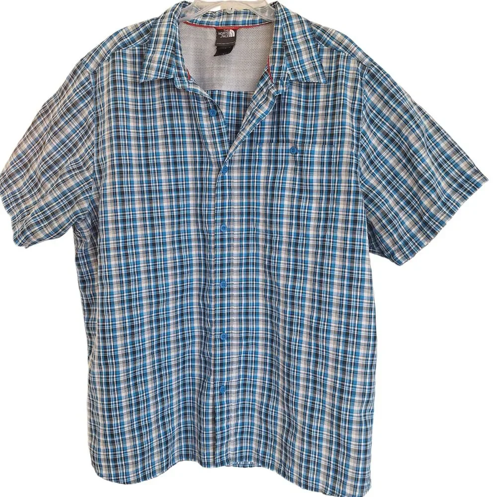 The North Face Short Sleeve Woven Shirt Mens XXL Button Up Plaid Blue 2XL